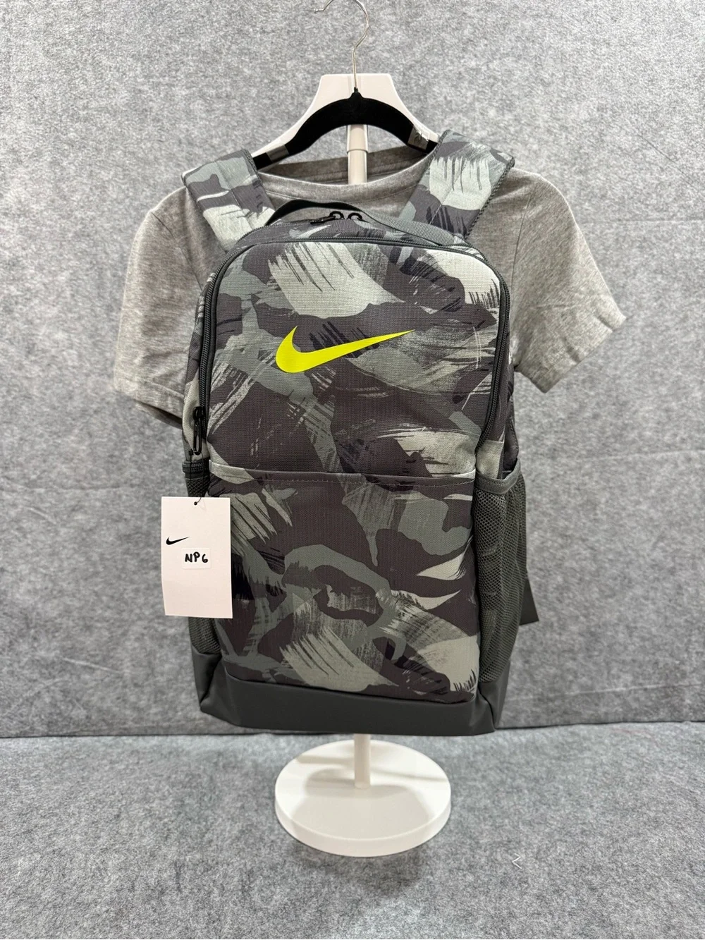 Nike Brasilia Grey Camo Backpack Yellow Swoosh 24L
